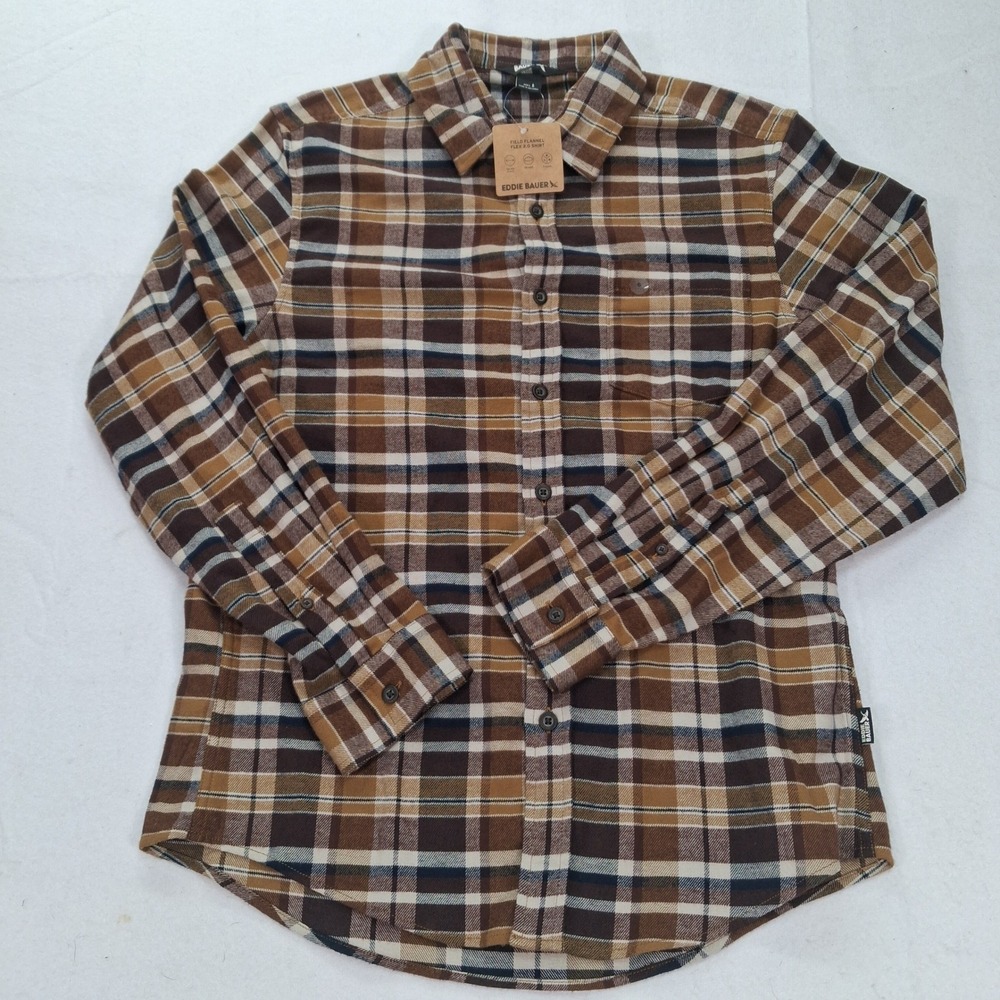 Eddie Bauer Shirt Mens S Field Flannel Flex 2.0 Brown Plaid Stretch NEW